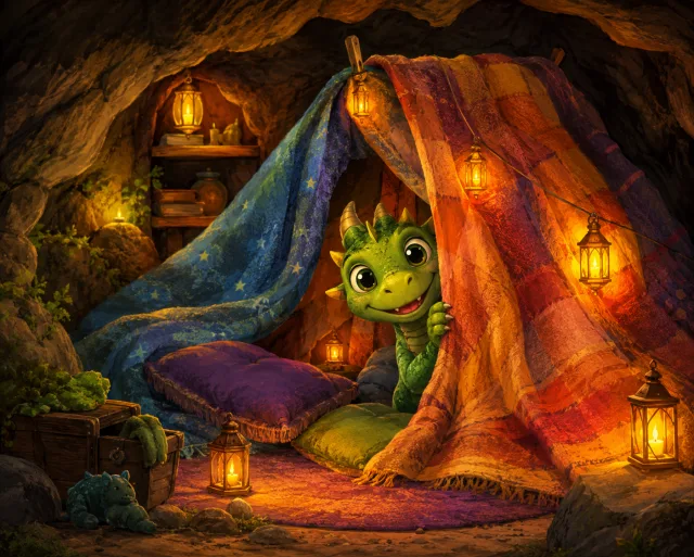 Illustration of a small green dragon in a cosy blanket fort lit by lanterns